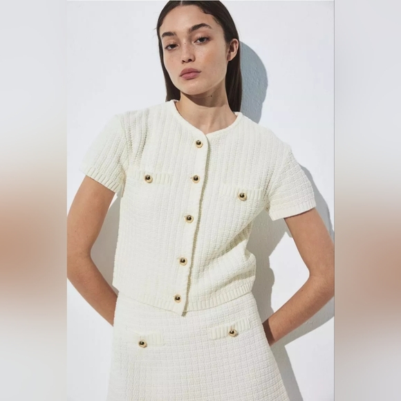 NWT H&M Structured-Knit Short-Sleeved Cardigan White/Gold-Colored Sz S M XL XXL - Picture 2 of 6